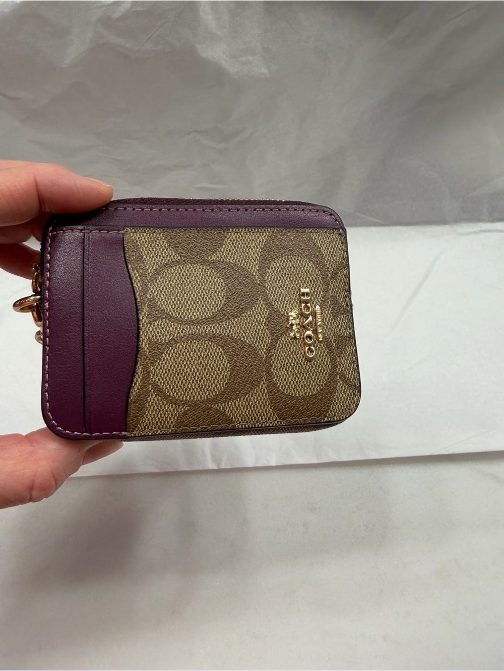 Coach Brown Signature Card Wallet with Plum Trim